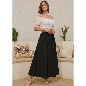 Black Pleated Tiered Maxi Skirt Womens XL Chiffon Elastic Waist Boho Western